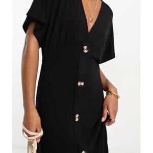 ASOS DESIGN flutter sleeve midi tea dress with buttons in black Size 8